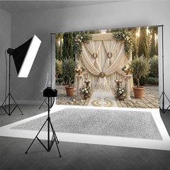 Lofaris Elegant Cream Draped Photography Backdrop with Gold Greek Key and Olive Branch Garlands Wedding Ceremony Decor