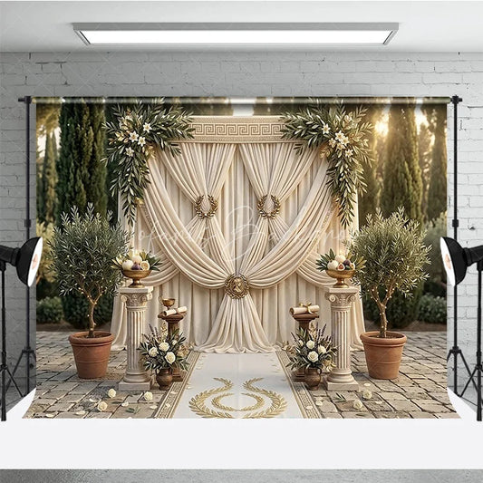 Lofaris Elegant Cream Draped Photography Backdrop with Gold Greek Key and Olive Branch Garlands Wedding Ceremony Decor