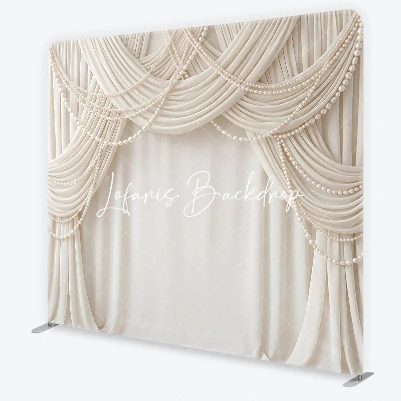 Lofaris Elegant Cream Fabric Drapes with Pearl Strings Square Double-Sided Backdrop Luxury Wedding and Event Decor
