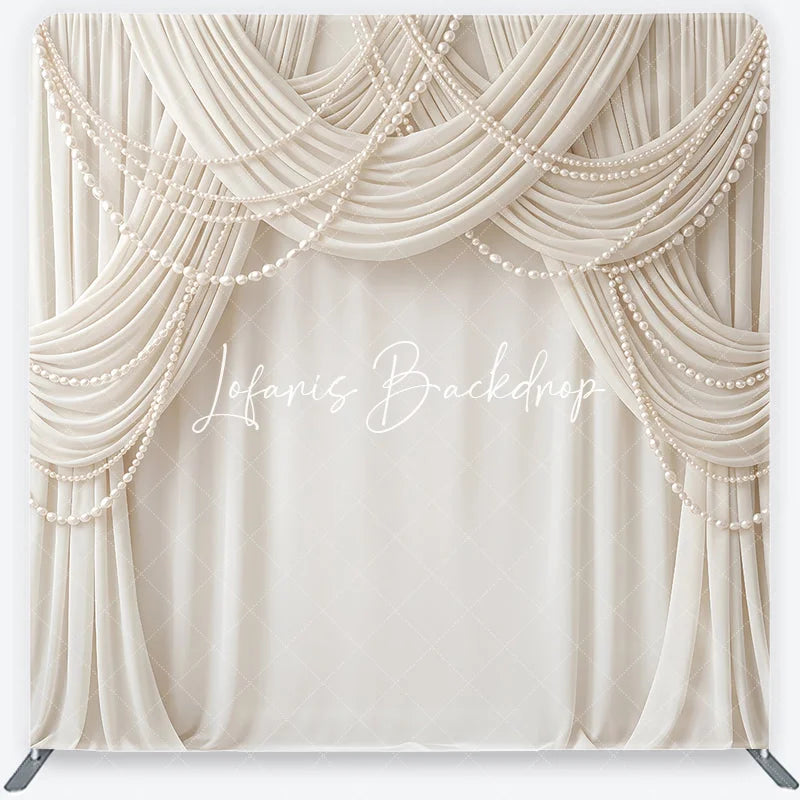 Lofaris Elegant Cream Fabric Drapes with Pearl Strings Square Double-Sided Backdrop Luxury Wedding and Event Decor