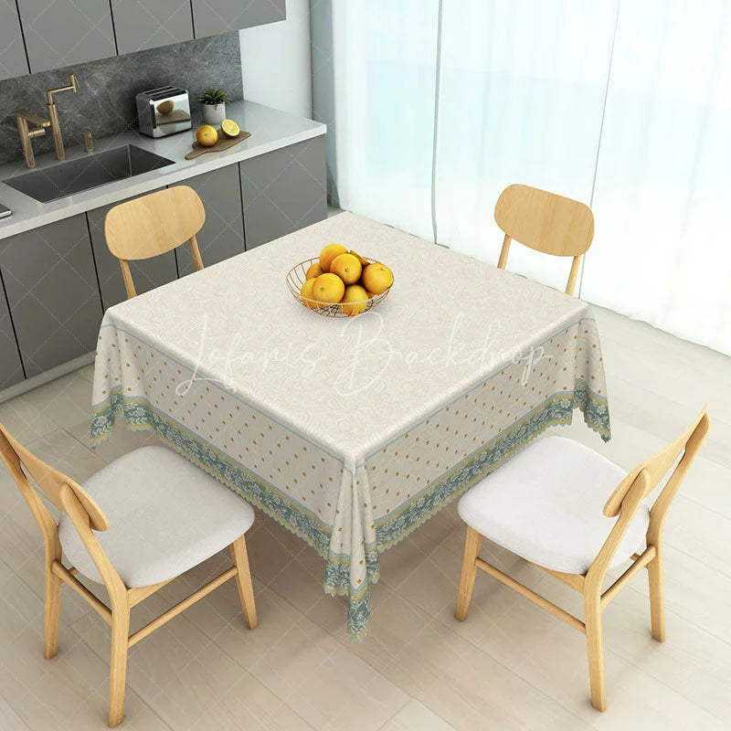 Lofaris Elegant Cream Floral Rectangle Tablecloth with Green Blue Border and Golden Dots for Dining Kitchen Decor