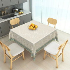 Lofaris Elegant Cream Floral Rectangle Tablecloth with Green Blue Border and Golden Dots for Dining Kitchen Decor
