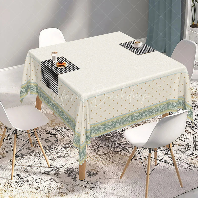 Lofaris Elegant Cream Floral Rectangle Tablecloth with Green Blue Border and Golden Dots for Dining Kitchen Decor