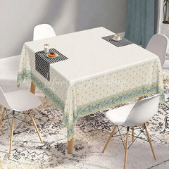 Lofaris Elegant Cream Floral Rectangle Tablecloth with Green Blue Border and Golden Dots for Dining Kitchen Decor