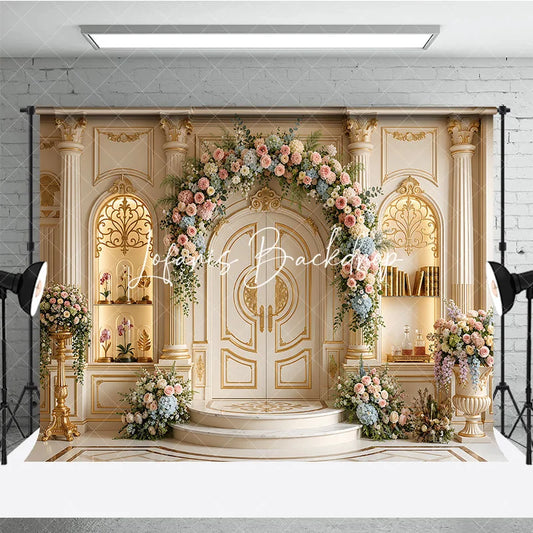 Lofaris Elegant Cream Gold Ornate Double Door Photography Backdrop with Pastel Floral Arch Luxurious Wedding Celebration Decor