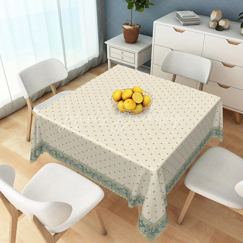 Lofaris Elegant Cream Rectangle Tablecloth with Golden Dot Pattern and Green Floral Border for Dining Decor