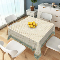 Lofaris Elegant Cream Rectangle Tablecloth with Golden Dot Pattern and Green Floral Border for Dining Decor