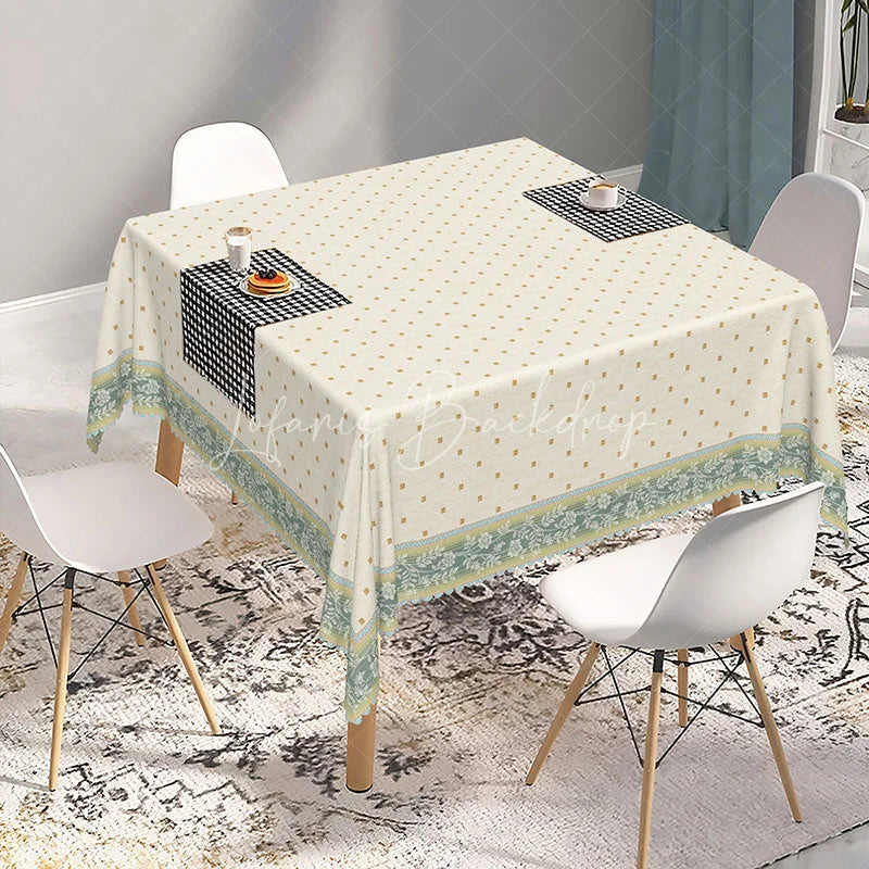 Lofaris Elegant Cream Rectangle Tablecloth with Golden Dot Pattern and Green Floral Border for Dining Decor