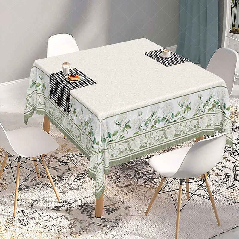 Lofaris Elegant Cream Rectangle Tablecloth with White Roses and Green Leaves Floral Damask Dining Decor