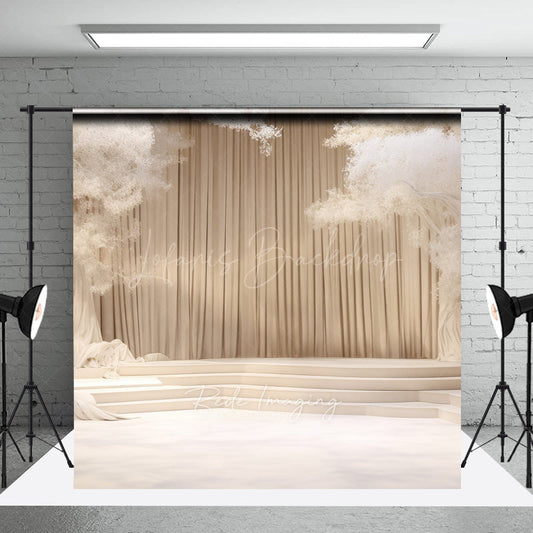 Lofaris Elegant Cream Stage Photography Backdrop Dreamy Wedding or Recital Scenery with White Trees and Curtains