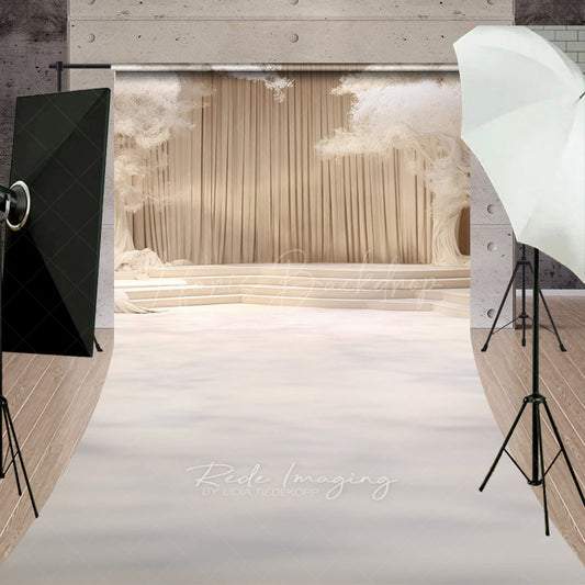Lofaris Elegant Cream Stage Sweep Photo Backdrop Dreamy Wedding or Recital Scenery with White Trees and Curtains