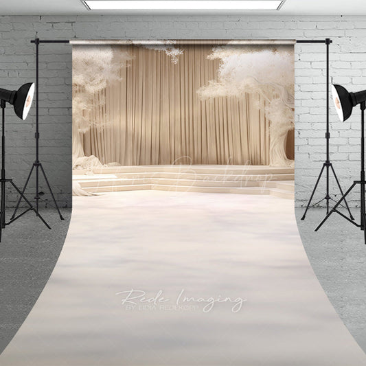 Lofaris Elegant Cream Stage Sweep Photo Backdrop Dreamy Wedding or Recital Scenery with White Trees and Curtains