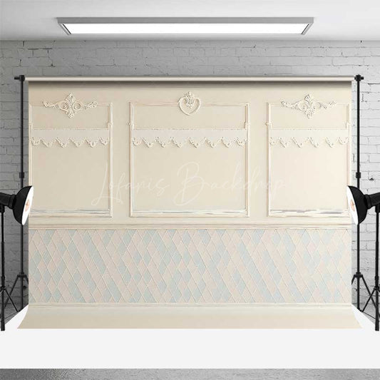 Lofaris Elegant Cream Wall Photography Backdrop Classic Molding with Blue and White Diamond Pattern Vintage Room Interior