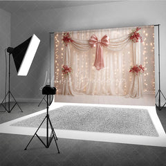 Lofaris Elegant Curtain Photography Backdrop with Pink Bow and Pearls Fairytale Wedding Bridal Shower Photo Booth