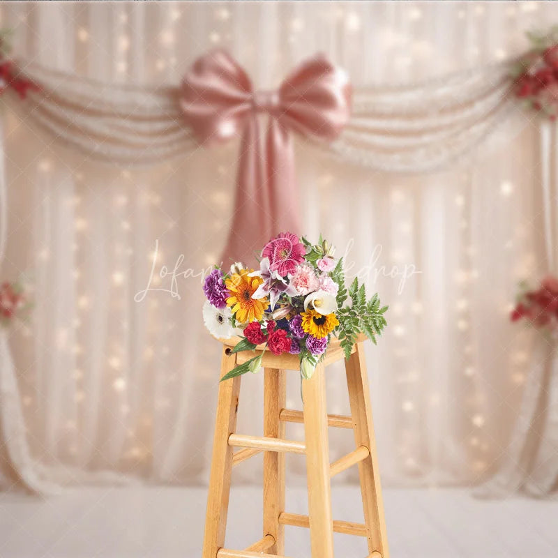 Lofaris Elegant Curtain Photography Backdrop with Pink Bow and Pearls Fairytale Wedding Bridal Shower Photo Booth