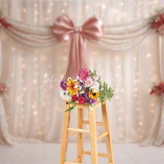Lofaris Elegant Curtain Photography Backdrop with Pink Bow and Pearls Fairytale Wedding Bridal Shower Photo Booth