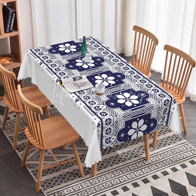 Lofaris Elegant Dark Blue and White Geometric Floral Rectangle Tablecloth with Scalloped Edge Dining Home Decor