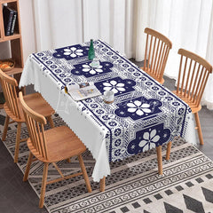 Lofaris Elegant Dark Blue and White Geometric Floral Rectangle Tablecloth with Scalloped Edge Dining Home Decor