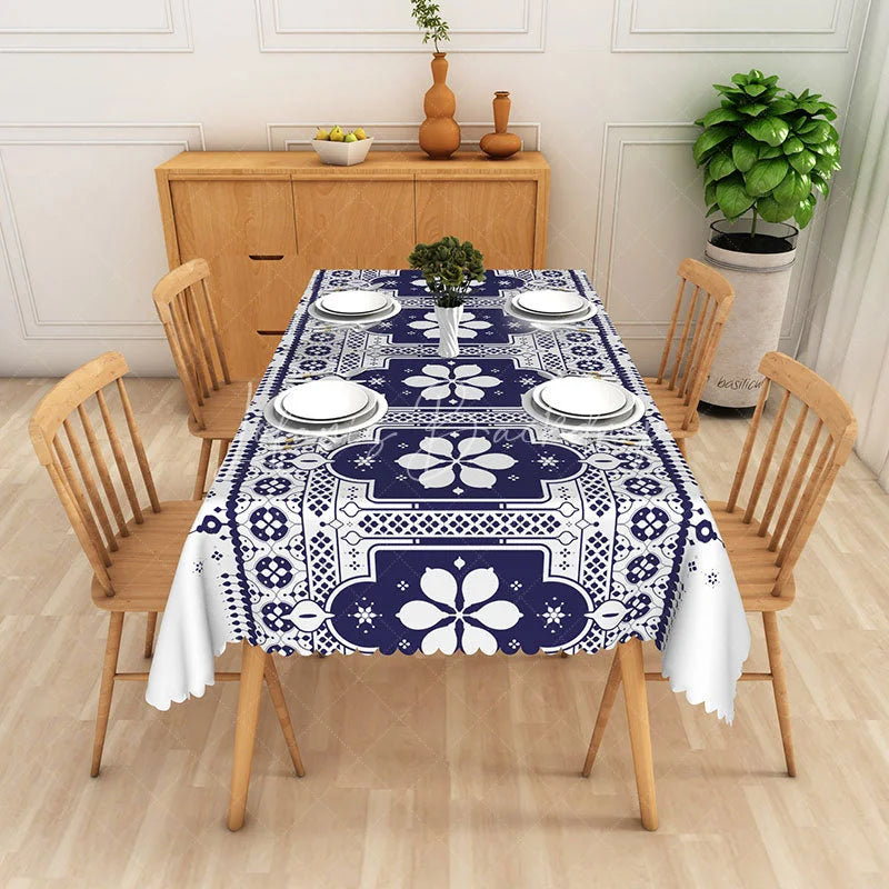 Lofaris Elegant Dark Blue and White Geometric Floral Rectangle Tablecloth with Scalloped Edge Dining Home Decor