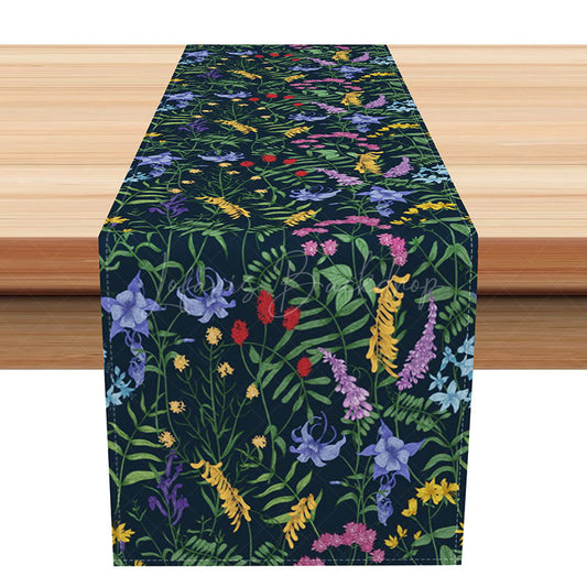 Lofaris Elegant Dark Blue Floral Table Runner Fresh Spring Wildflower Design Moody Botanical Wedding or Kitchen Decor