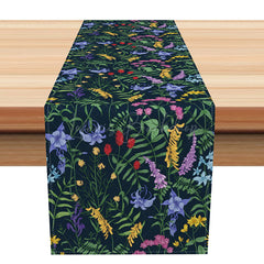 Lofaris Elegant Dark Blue Floral Table Runner Fresh Spring Wildflower Design Moody Botanical Wedding or Kitchen Decor