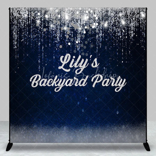 Lofaris Elegant Dark Blue Silver Glitter Personalized Custom Backdrop with String Lights Party Celebration Decor