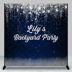 Lofaris Elegant Dark Blue Silver Glitter Personalized Custom Backdrop with String Lights Party Celebration Decor