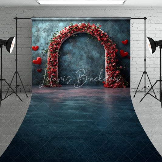 Lofaris Elegant Dark Blue Textured Wall Sweep Backdrop featuring Red Floral Arch and Floating Hearts for Romance