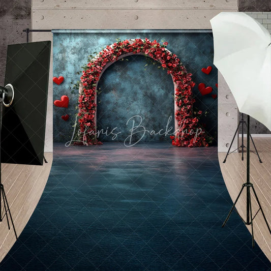 Lofaris Elegant Dark Blue Textured Wall Sweep Backdrop featuring Red Floral Arch and Floating Hearts for Romance