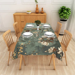 Lofaris Elegant Dark Green Rectangle Tablecloth with Magnolia Flowers and Birds Scalloped Edge Dining Decor