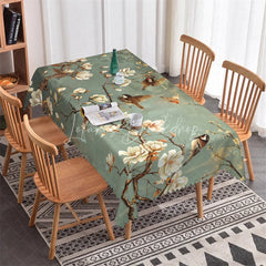 Lofaris Elegant Dark Green Rectangle Tablecloth with Magnolia Flowers and Birds Scalloped Edge Dining Decor