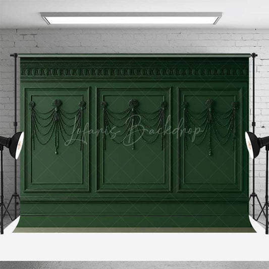 Lofaris Elegant Dark Green Wall Photography Backdrop Classic Molding with Shells and Pearls Vintage Luxury Interior