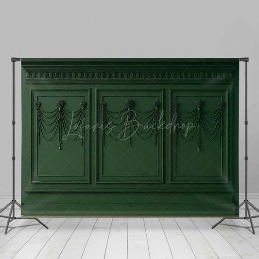 Lofaris Elegant Dark Green Wall Photography Backdrop Classic Molding with Shells and Pearls Vintage Luxury Interior