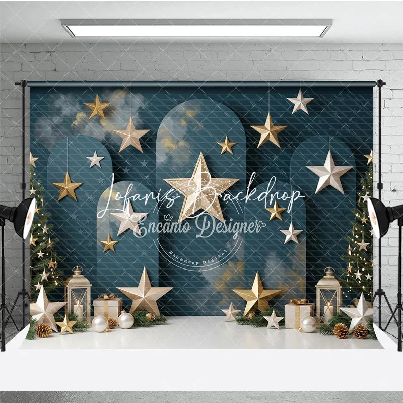 Lofaris Elegant Dark Teal Holiday Backdrop with Christmas Trees Gold and Silver Stars Festive Lanterns Gift Boxes.