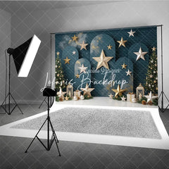 Lofaris Elegant Dark Teal Holiday Backdrop with Christmas Trees Gold and Silver Stars Festive Lanterns Gift Boxes.