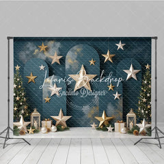 Lofaris Elegant Dark Teal Holiday Backdrop with Christmas Trees Gold and Silver Stars Festive Lanterns Gift Boxes.