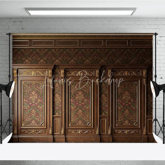 Lofaris Elegant Dark Wood Gold Ornate Damask Photography Backdrop Classic Red Green Pattern Wall Decor for Portraits