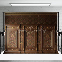 Lofaris Elegant Dark Wood Gold Ornate Damask Photography Backdrop Classic Red Green Pattern Wall Decor for Portraits