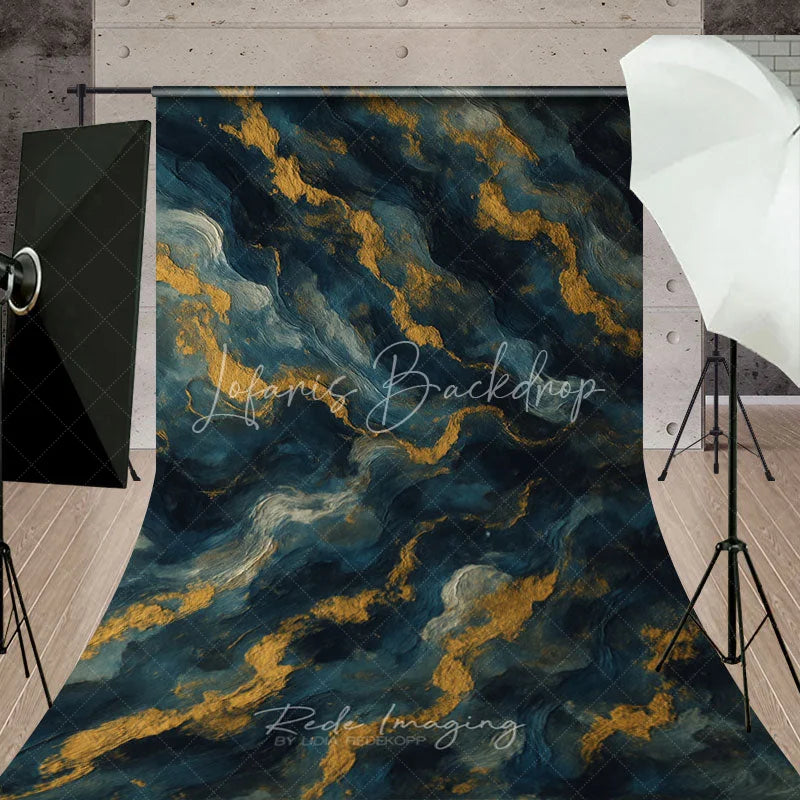 Lofaris Elegant Deep Blue and Gold Abstract Textured Wavy Sweep Backdrop Artistic Photography Studio Prop