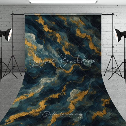 Lofaris Elegant Deep Blue and Gold Abstract Textured Wavy Sweep Backdrop Artistic Photography Studio Prop