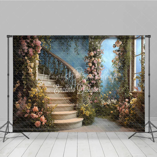 Lofaris Elegant Enchanted Garden Curved Staircase Floral Photography Backdrop Romantic Wedding and Portrait Scene