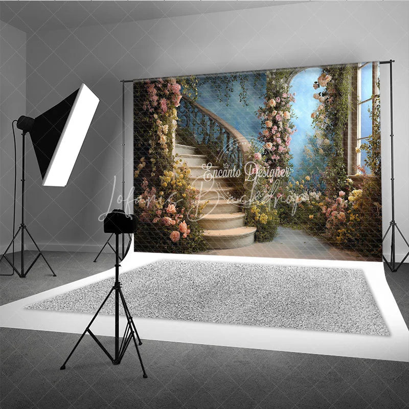 Lofaris Elegant Enchanted Garden Curved Staircase Floral Photography Backdrop Romantic Wedding and Portrait Scene