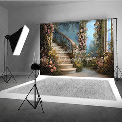 Lofaris Elegant Enchanted Garden Curved Staircase Floral Photography Backdrop Romantic Wedding and Portrait Scene