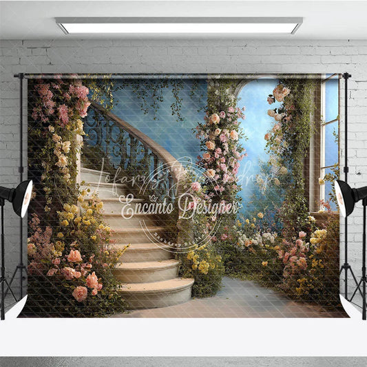 Lofaris Elegant Enchanted Garden Curved Staircase Floral Photography Backdrop Romantic Wedding and Portrait Scene