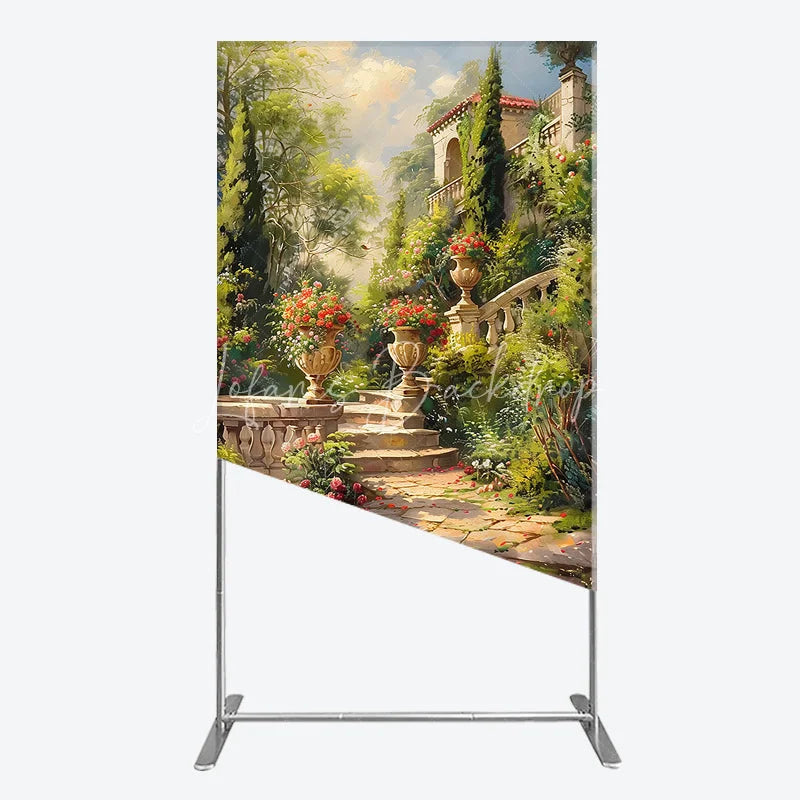 Lofaris Elegant European Garden Rectangle Arch Backdrop with Stone Staircase Blooming Flowers and Classical Architecture
