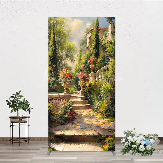 Lofaris Elegant European Garden Rectangle Arch Backdrop with Stone Staircase Blooming Flowers and Classical Architecture