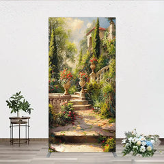 Lofaris Elegant European Garden Rectangle Arch Backdrop with Stone Staircase Blooming Flowers and Classical Architecture