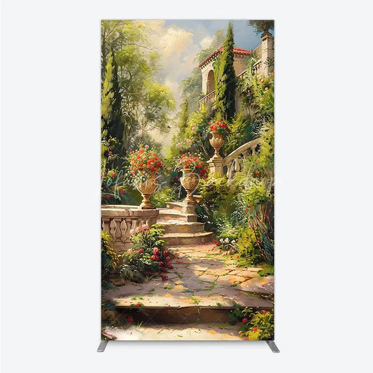 Lofaris Elegant European Garden Rectangle Arch Backdrop with Stone Staircase Blooming Flowers and Classical Architecture