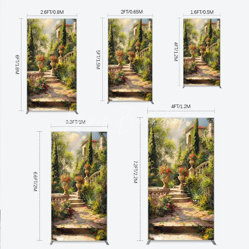 Lofaris Elegant European Garden Rectangle Arch Backdrop with Stone Staircase Blooming Flowers and Classical Architecture