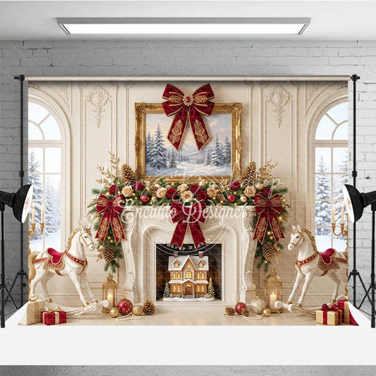 Lofaris Elegant Fireplace Holiday Backdrop with Red and Gold Bows Winter Wonderland Scene Rocking Horses